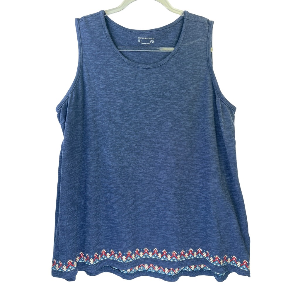 Canyon Retreat Womens Blue Linen Blend Embroidered Hem Tank Top Size Large